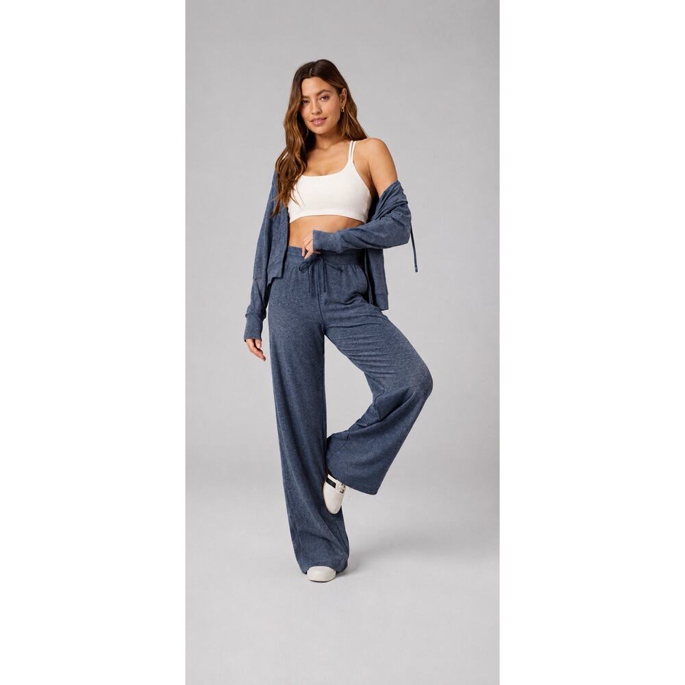 NWT Fabletics The Cloud Jersey Set Wide Leg Pants & Zip Up Velvet Heather Blue L